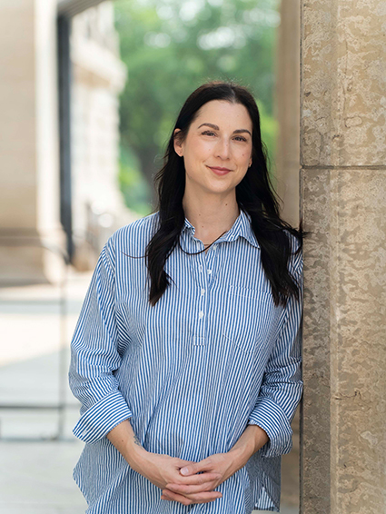 a woman in a blue shirt