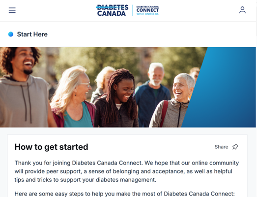 Webpage from Diabetes Canada Connect with a welcome message and steps for getting started in the community.